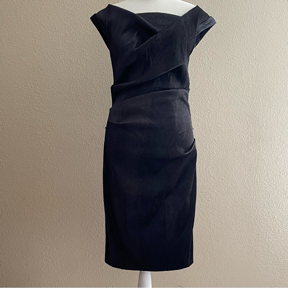 TALBOT RUNHOF Asymmetrical Sheath Dress with‎ Pleated Cap Sleeves